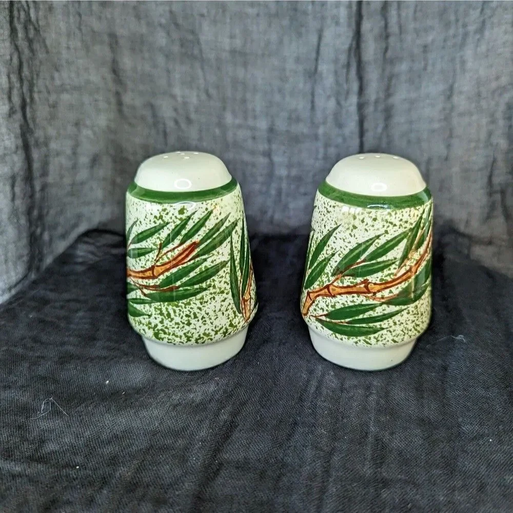 Vintage Bamboo Salt And Pepper Shakers Set Ceramic Hand Painted
